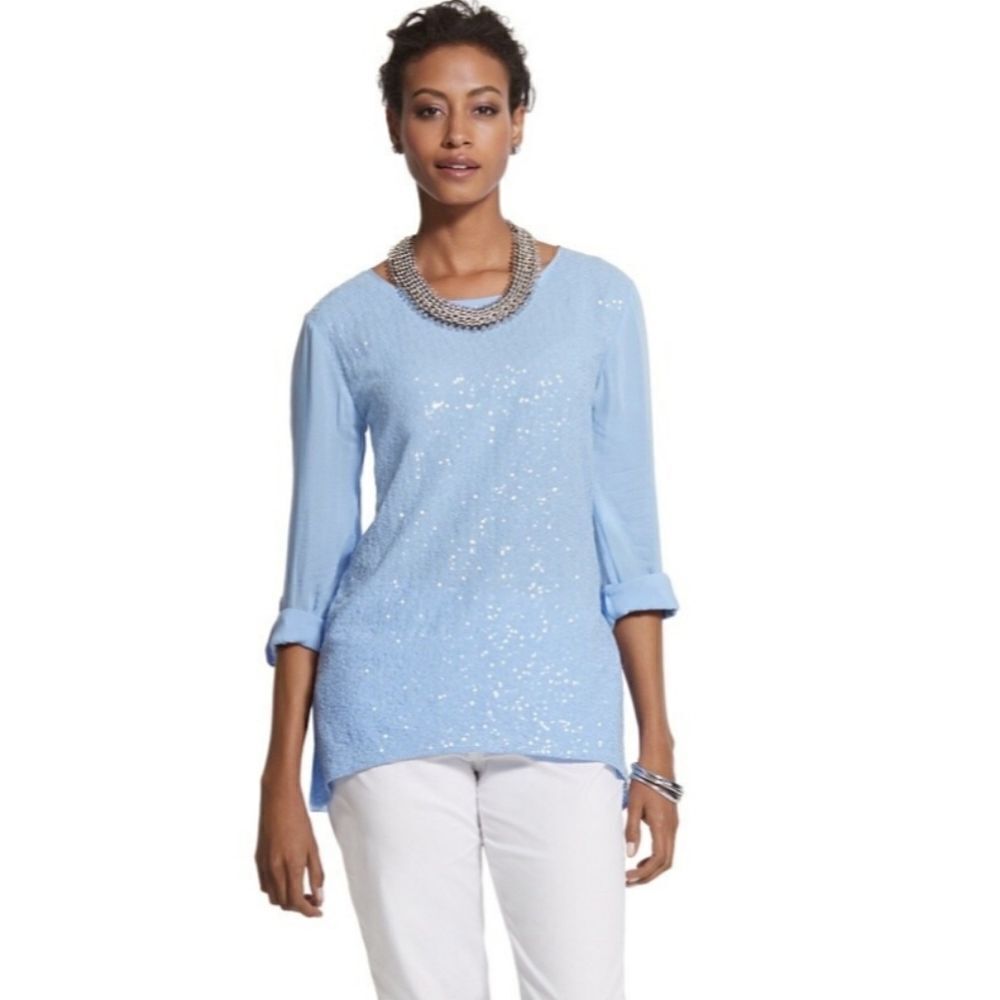 Chico's Blue Front Sequined Long Sleeve Light Weight Summer Blouse Size 3/16